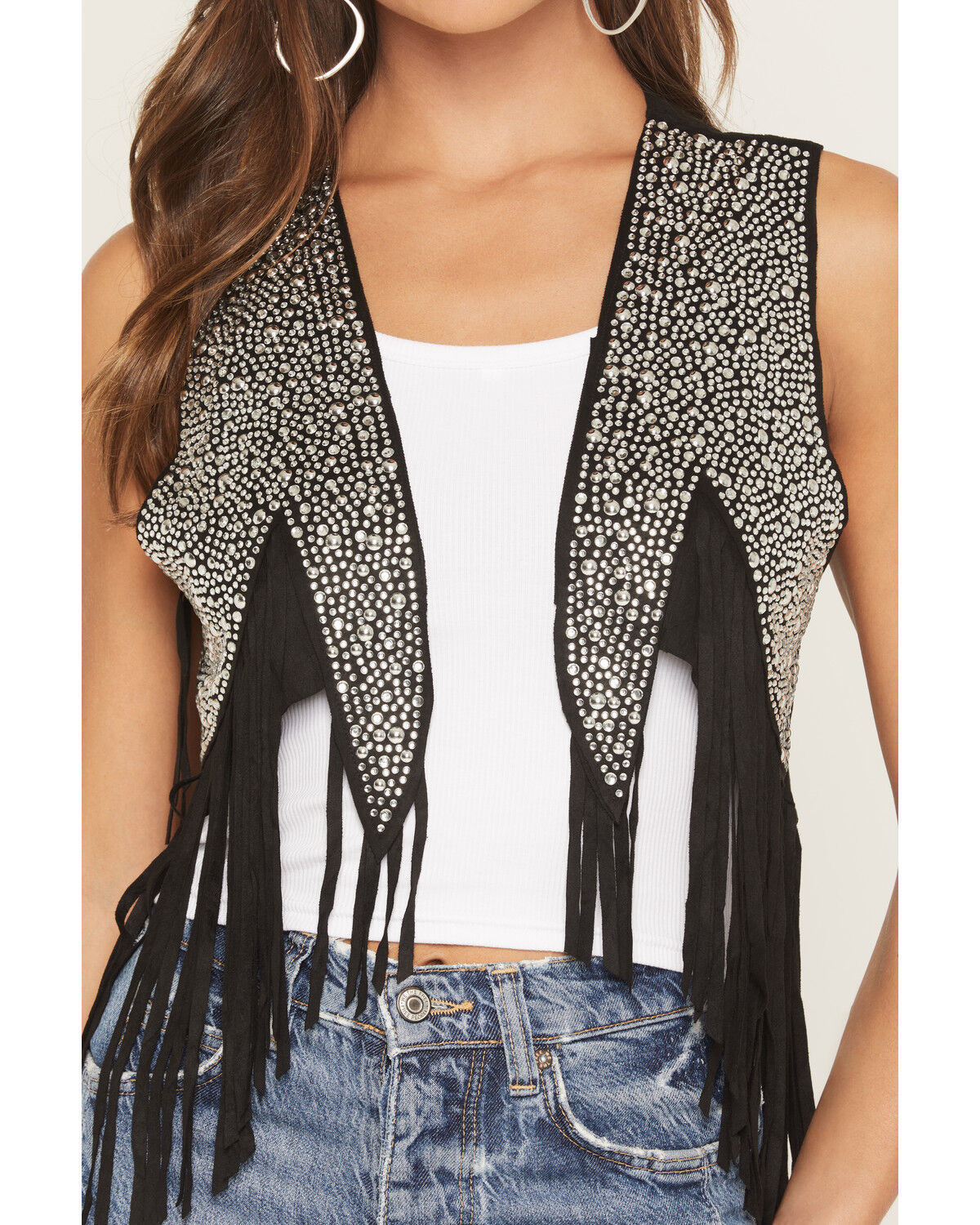 Image #3 - Vocal Women's Crystal Fringe Faux Suede Vest, Black, hi-res