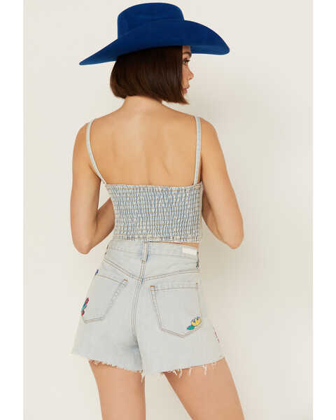 Image #4 - Blank NYC Women's Light Wash Picnic Date Embroidered Denim Crop Top , Blue, hi-res