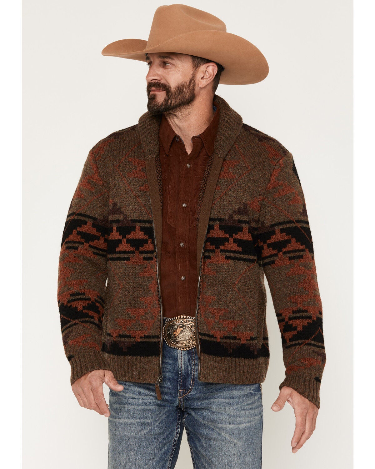 Image #1 - Cody James Men's Carson Southwestern Print Full Zip Cardigan, Brown, hi-res