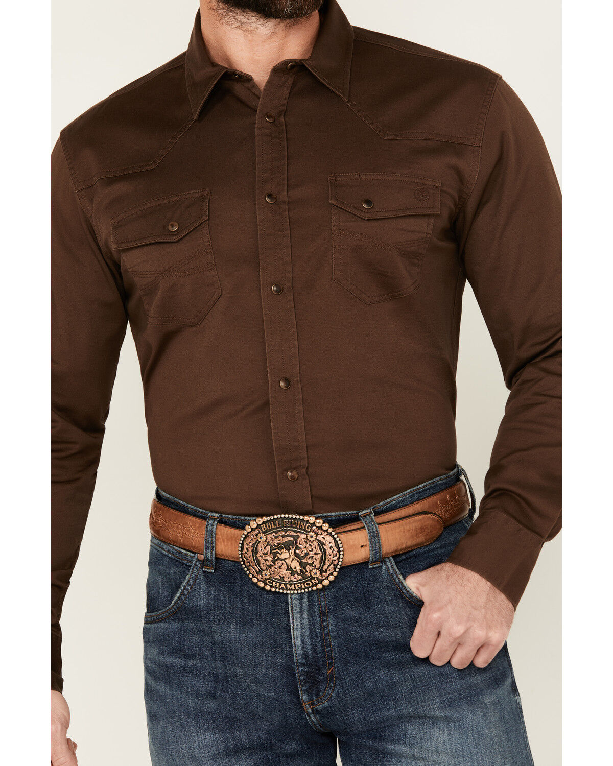 Image #3 - Blue Ranchwear Men's Rustler Solid Twill Long Sleeve Snap Western Shirt, Brown, hi-res
