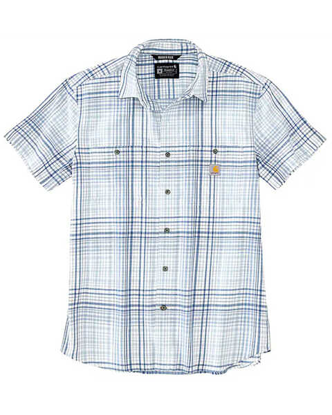 Image #1 - Carhartt Men's Rugged Flex Relaxed Fit Lightweight Plaid Print Short Sleeve Button-Down Stretch Work Shirt - Big , Light Blue, hi-res