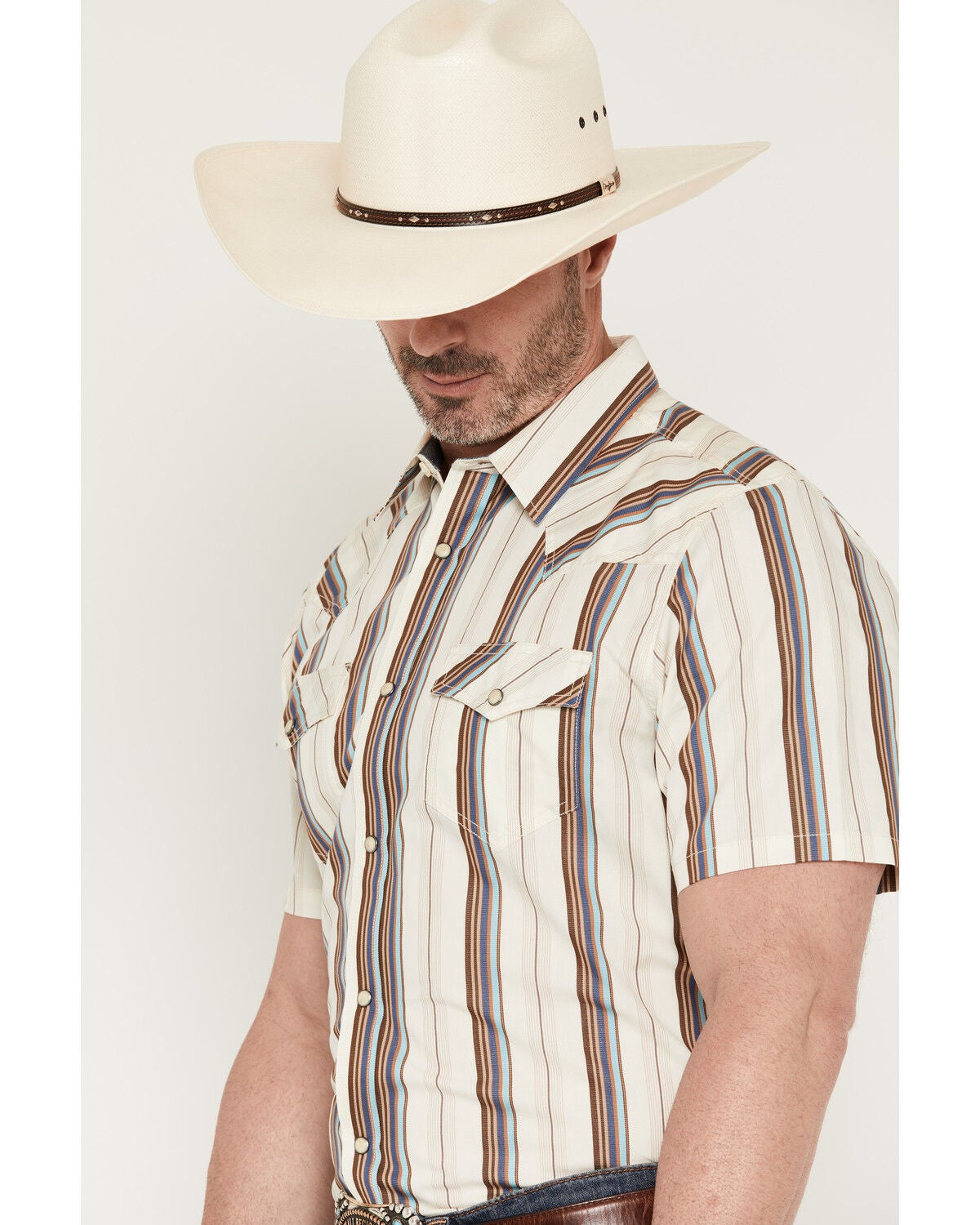 Image #2 - Cody James Men's Bootlegger Stripe Print Short Sleeve Snap Western Shirt, Cream, hi-res