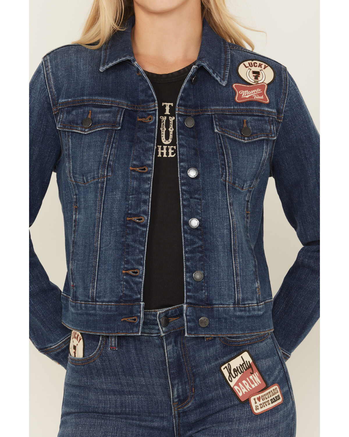 Image #3 - Idyllwind Women's Ellwood Patch Denim Trucker Jacket, Dark Wash, hi-res