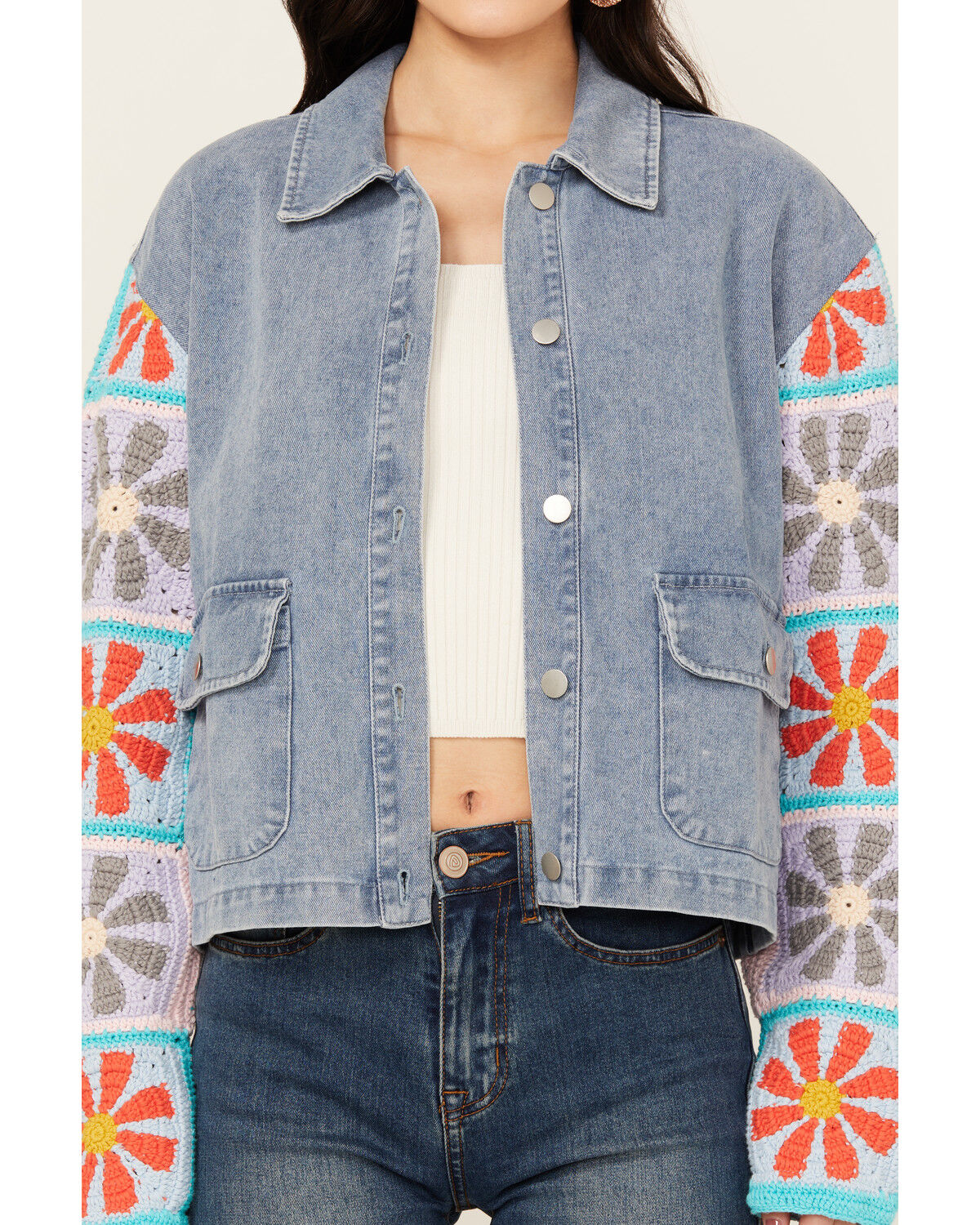 Image #3 - Mystree Women's Crochet Sleeve Medium Wash Denim Jacket, Blue, hi-res