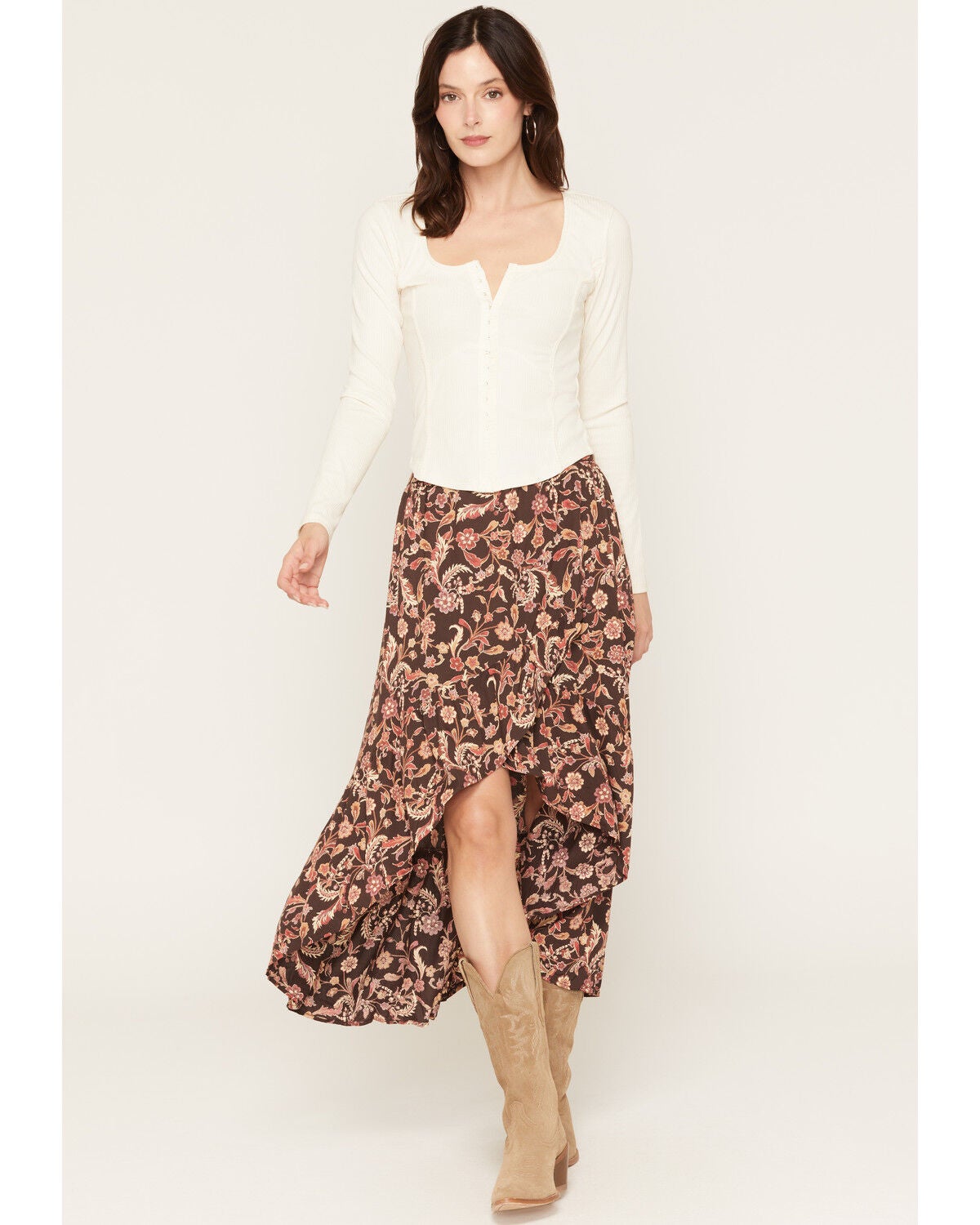 Shyanne Women's Dunham Floral Print High-Low Ruffle Hem Midi Skirt, Cognac, hi-res