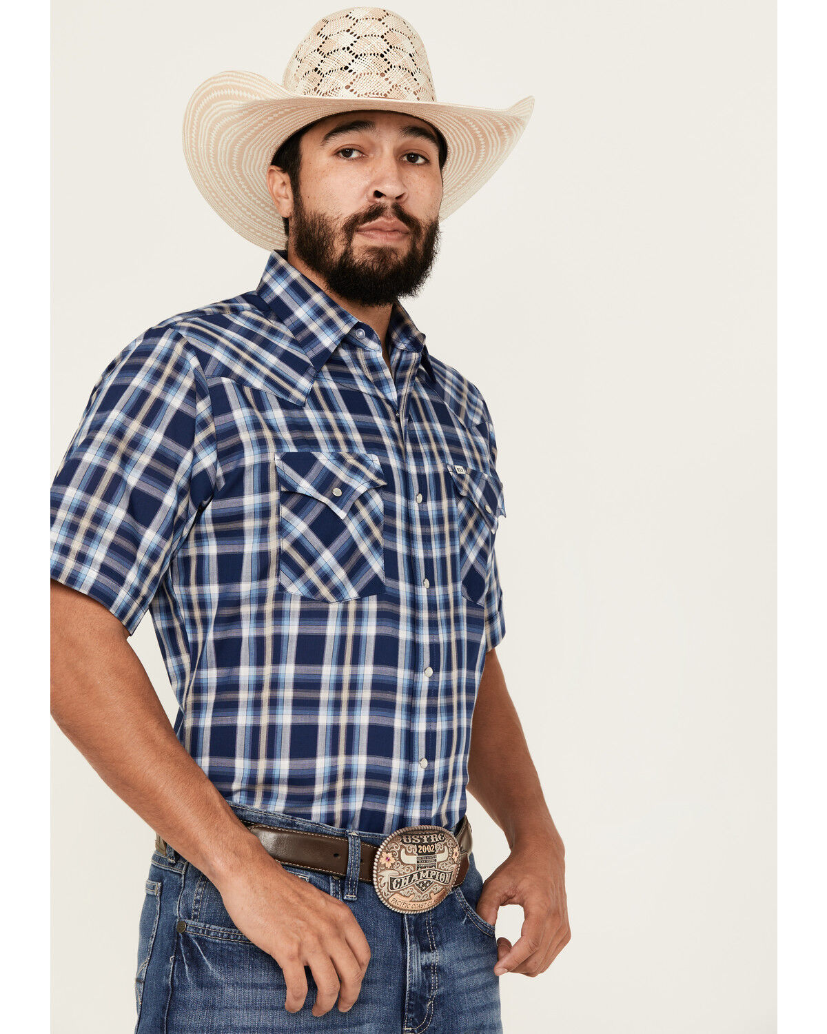 Image #2 - Ely Walker Men's Plaid Print Short Sleeve Pearl Snap Western Shirt, Navy, hi-res