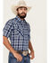 Image #2 - Ely Walker Men's Plaid Print Short Sleeve Pearl Snap Western Shirt, Navy, hi-res