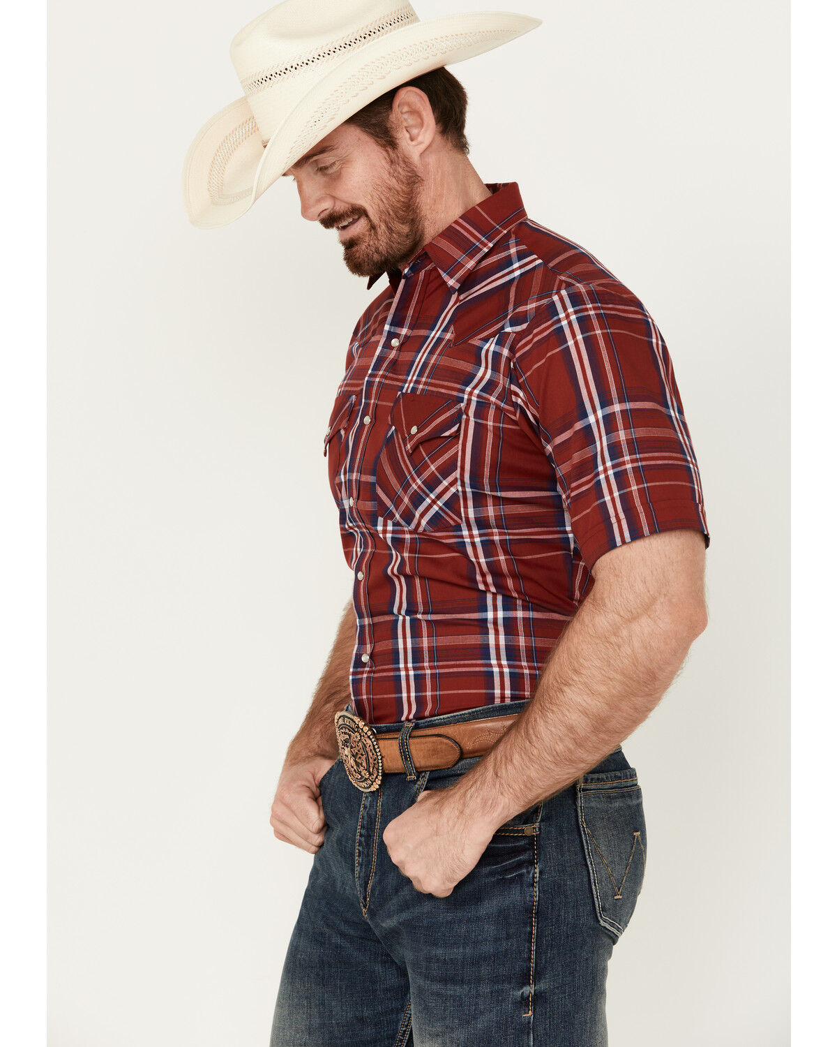 Image #2 - Ely Walker Men's Plaid Print Short Sleeve Pearl Snap Western Shirt, Red, hi-res