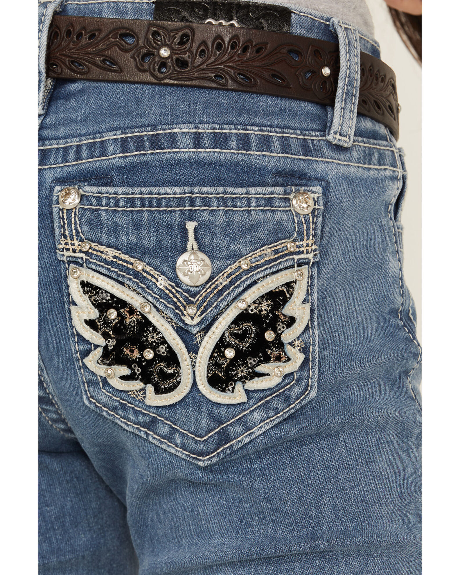 Image #2 - Miss Me Girls' Light Wash Winged Pocket Bootcut Stretch Denim Jeans, Black, hi-res