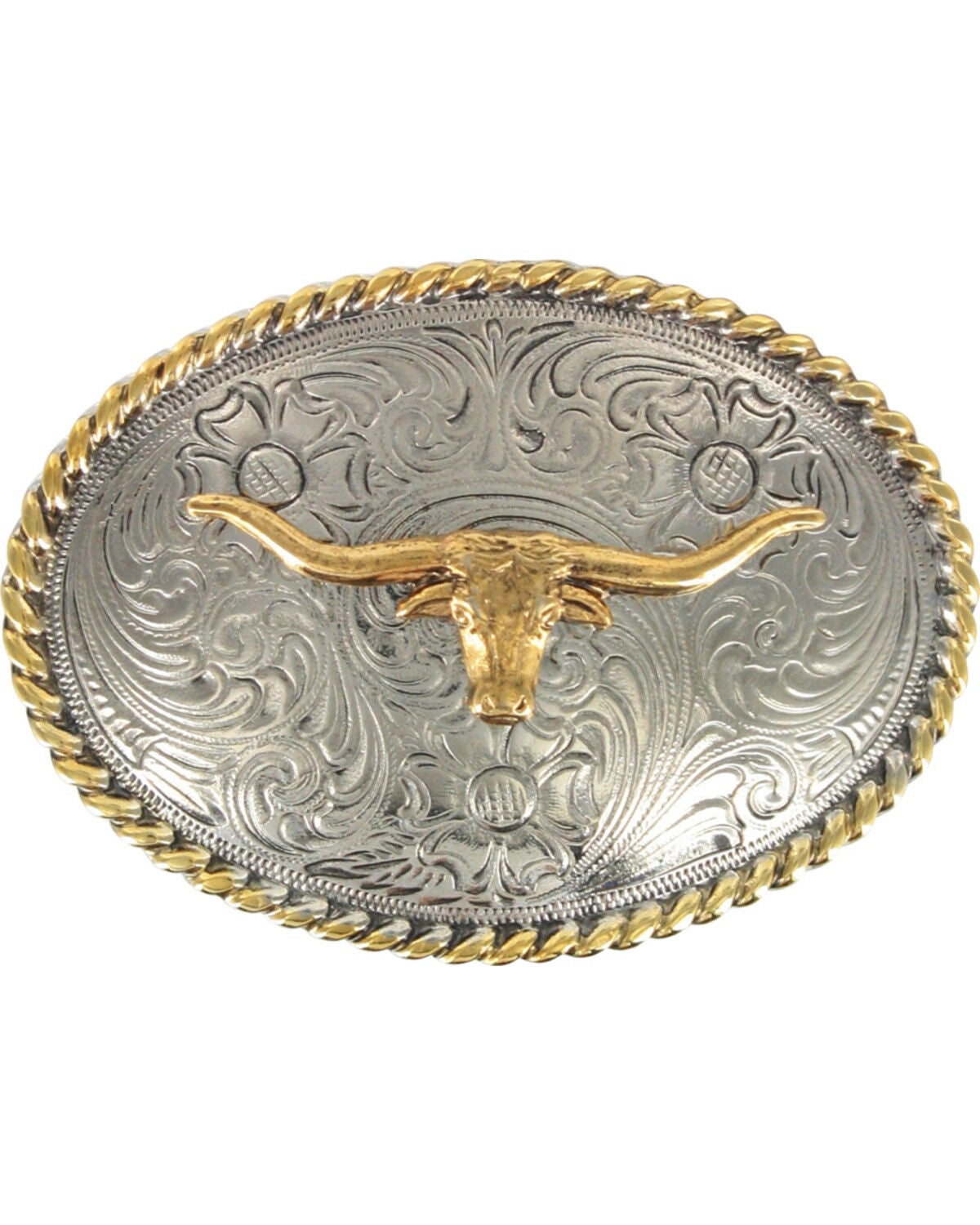 Cody James Boys' Long Horn Oval Belt Buckle, Silver, hi-res