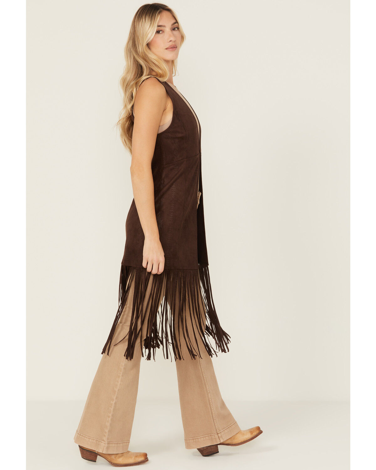 Image #2 - Shyanne Women's Embossed Southwestern Print Fringe Faux Suede Vest, Dark Brown, hi-res