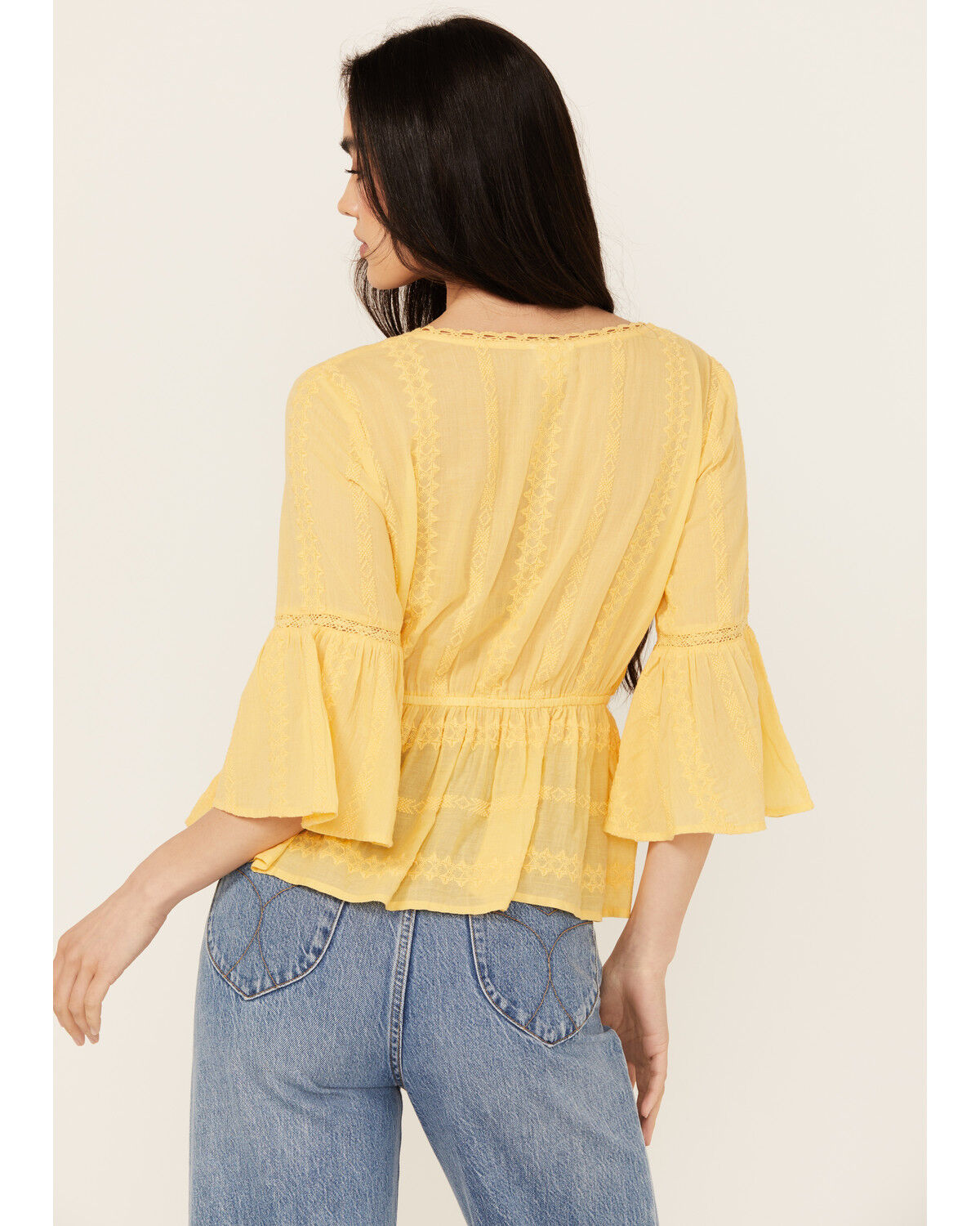 Image #3 - Shyanne Women's Inset Lace Embroidered Peasant Top, Yellow, hi-res