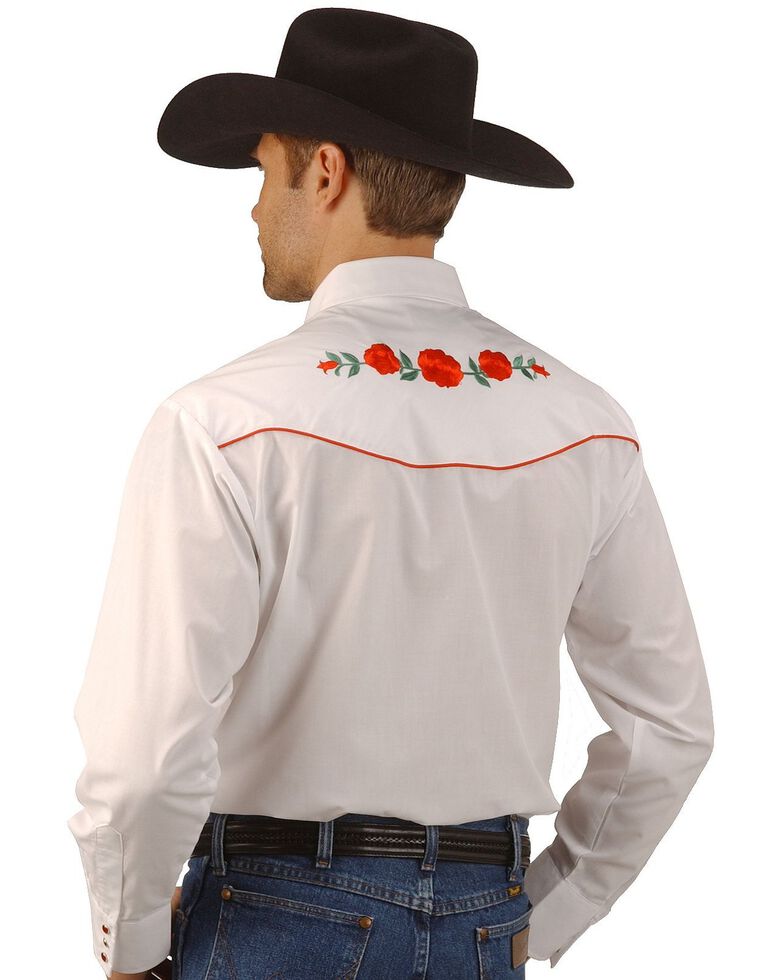 Ely Walker Men's Solid Embroidered Rose Long Sleeve Western Shirt, White, hi-res
