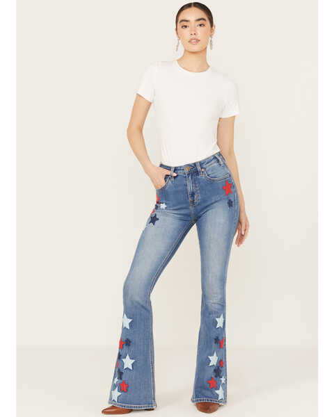 Rock & Roll Denim Women's Medium Wash High Rise Americana Star Flare Jeans, Medium Wash, hi-res