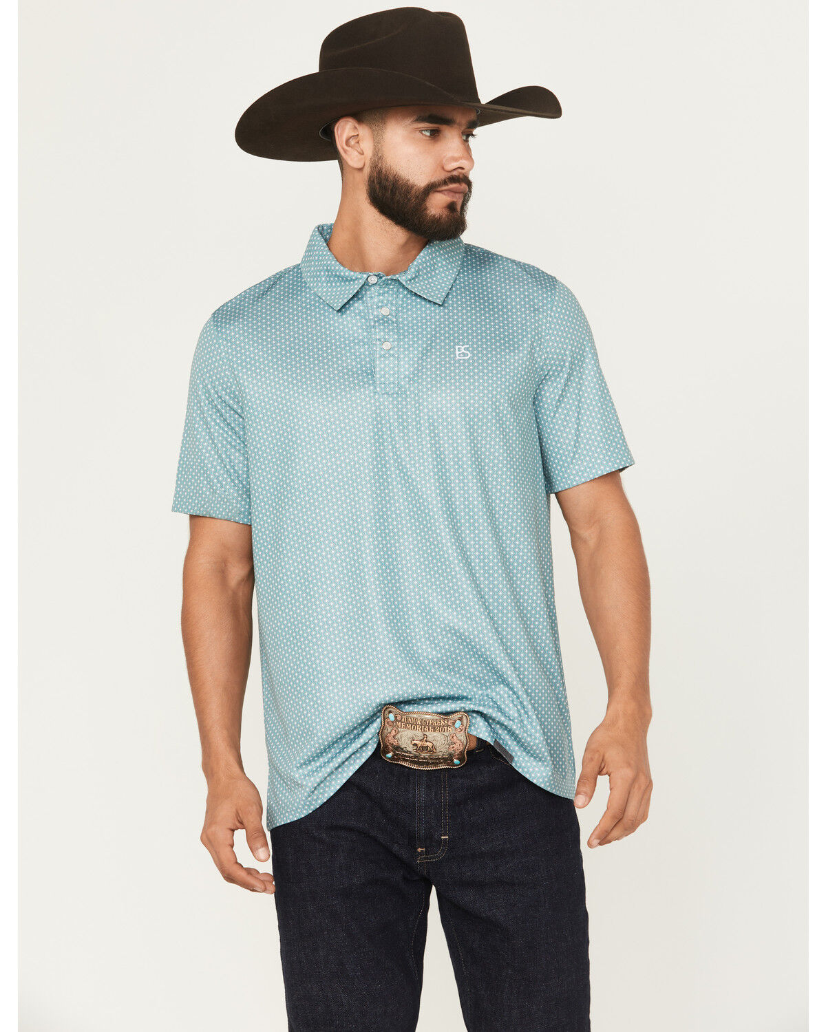 Image #1 - Panhandle Slim Men's Geo Print Short Sleeve Snap Performance Polo Shirt, Turquoise, hi-res