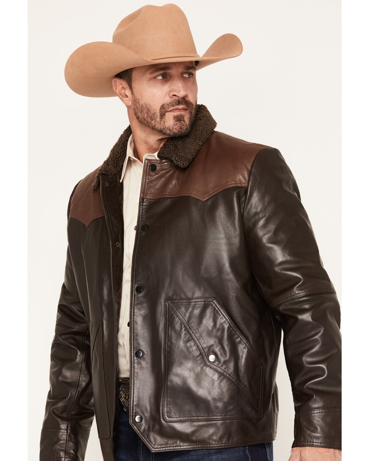 Image #2 - Scully Men's Shearling Collar Trucker Jacket, Chocolate, hi-res