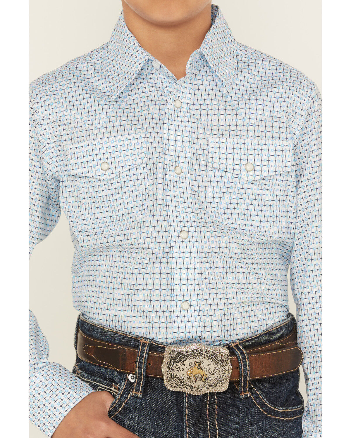 Image #3 - Wrangler 20X Boys' Geo Print Long Sleeve Snap Stretch Western Shirt, Blue, hi-res