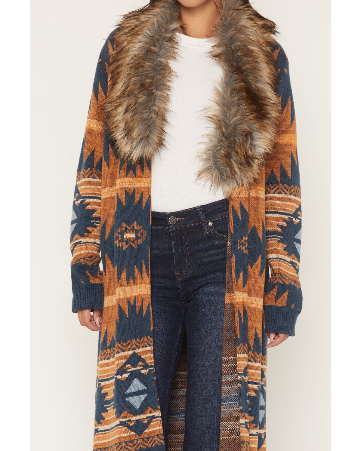 Image #3 - Panhandle Slim Women's Fur Southwestern Print Cardigan, Navy, hi-res