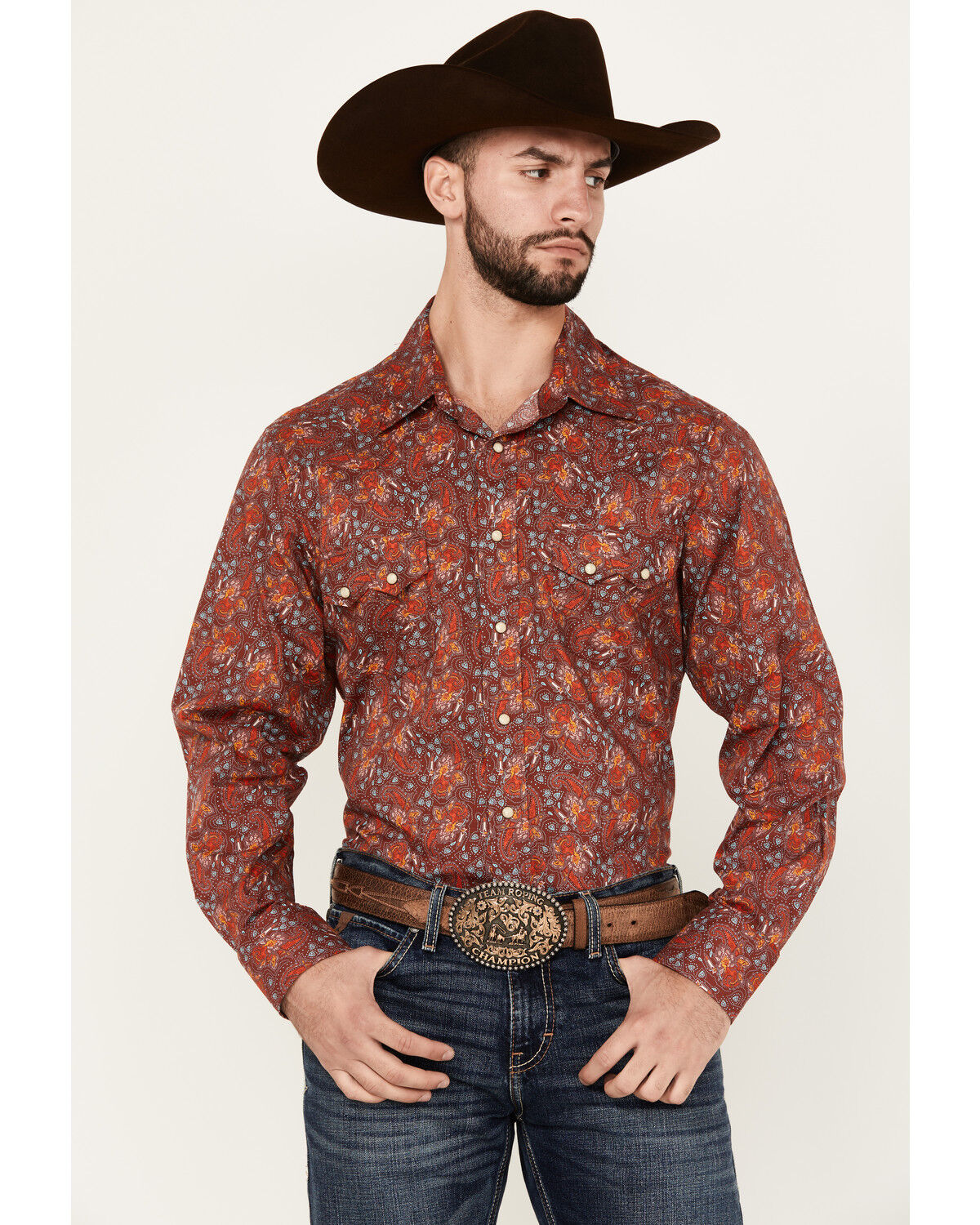 Image #1 - Rock & Roll Denim Men's Paisley Print Long Sleeve Snap Stretch Western Shirt, Dark Orange, hi-res