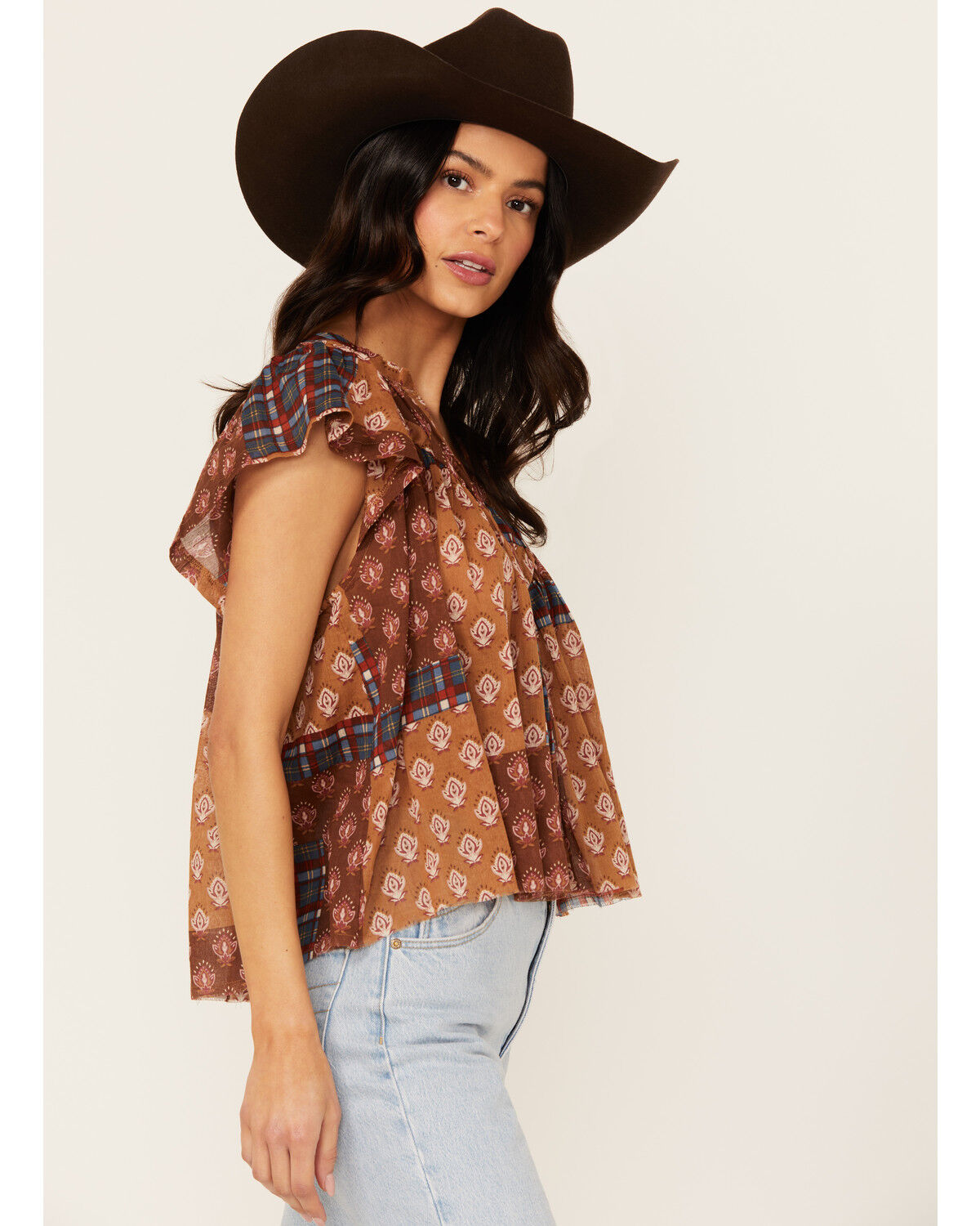 Image #2 - Cleo + Wolf Women's Bogota Patchwork Printed Blouse, Brandy Brown, hi-res