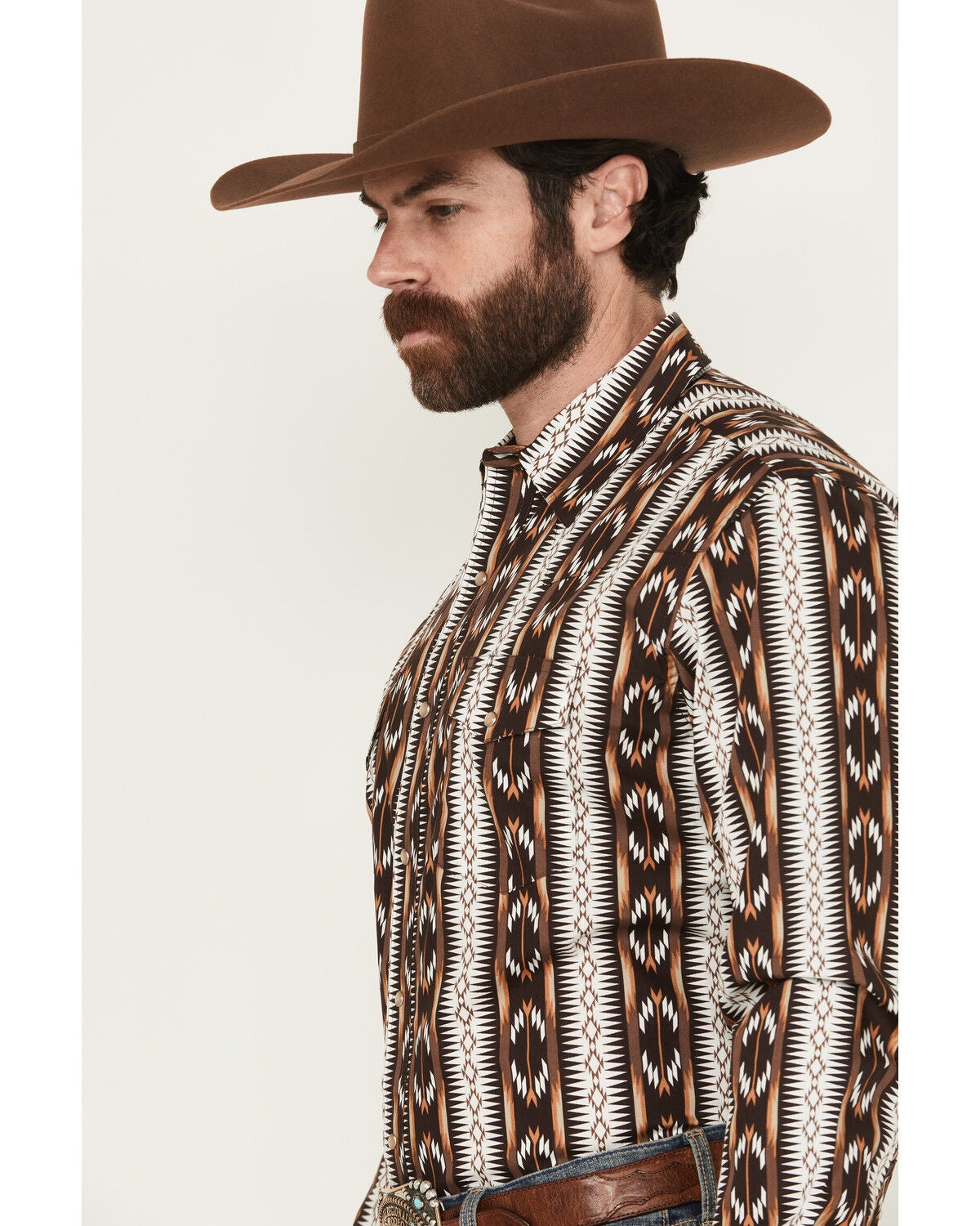 Image #2 - Wrangler Men's Checotah Southwestern Striped Print Long Sleeve Pearl Snap Western Shirt, Brown, hi-res