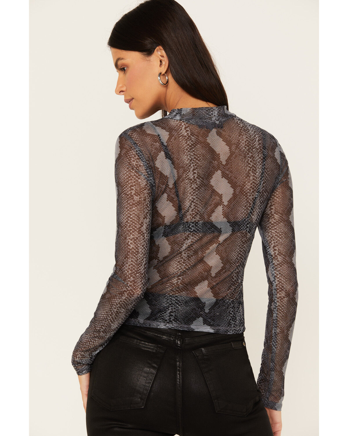 Image #4 - Rock & Roll Denim Women's Snake Print Mesh Long Sleeve Top, Black, hi-res