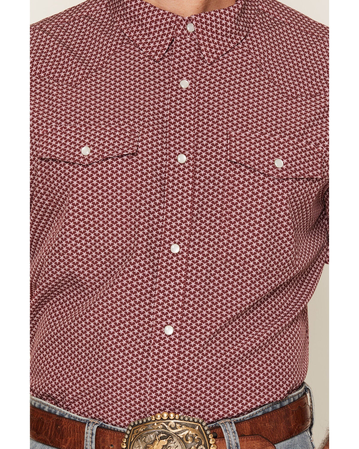 Image #3 - Panhandle Slim Men's Lone Star Print Short Sleeve Pearl Snap Performance Western Shirt, Wine, hi-res