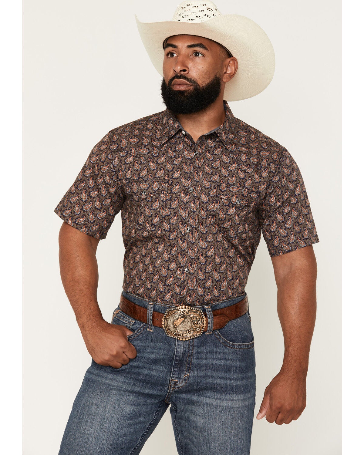 Cody James Men's 2 Step Paisley Print Short Sleeve Snap Western Shirt, Navy, hi-res