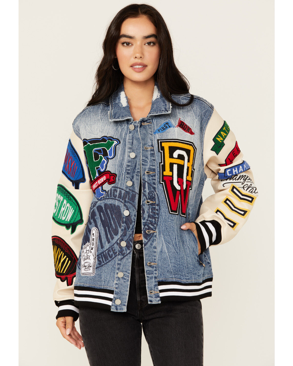 Image #2 - First Row Women's Light Wash Denim Varsity Jacket, Light Wash, hi-res