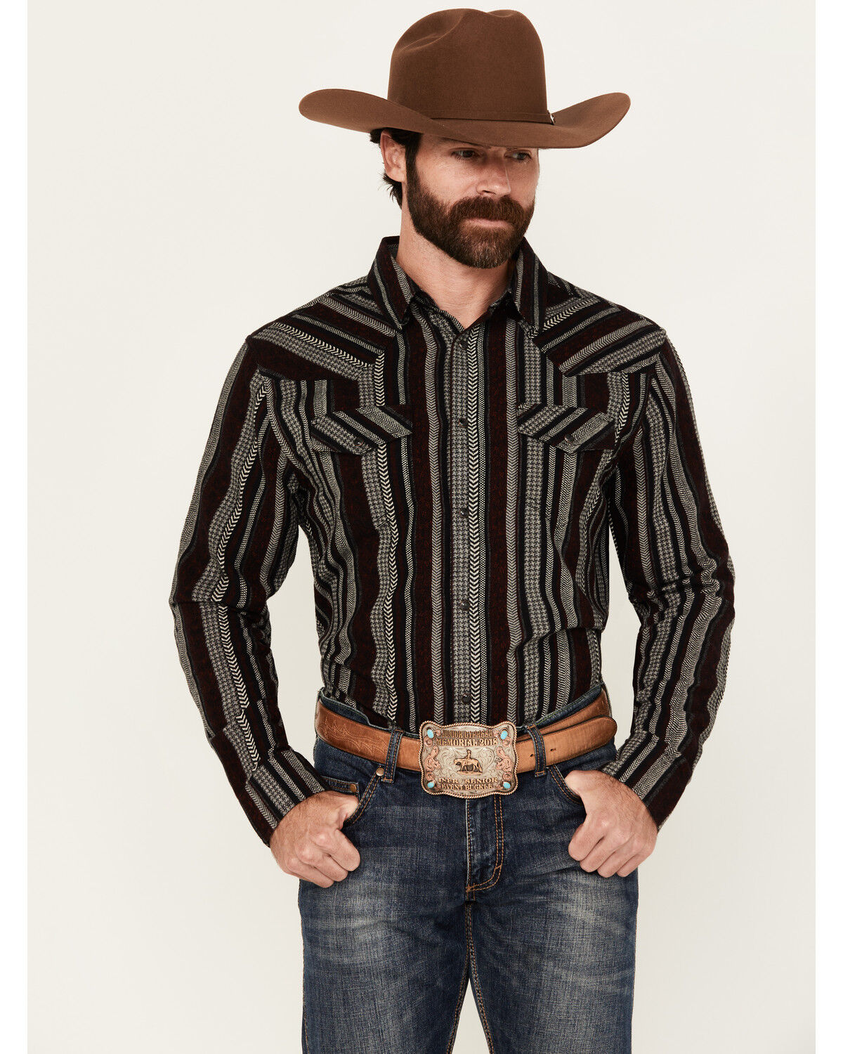Image #1 - Cody James Men's Caspian Serape Striped Long Sleeve Snap Western Shirt, Burgundy, hi-res