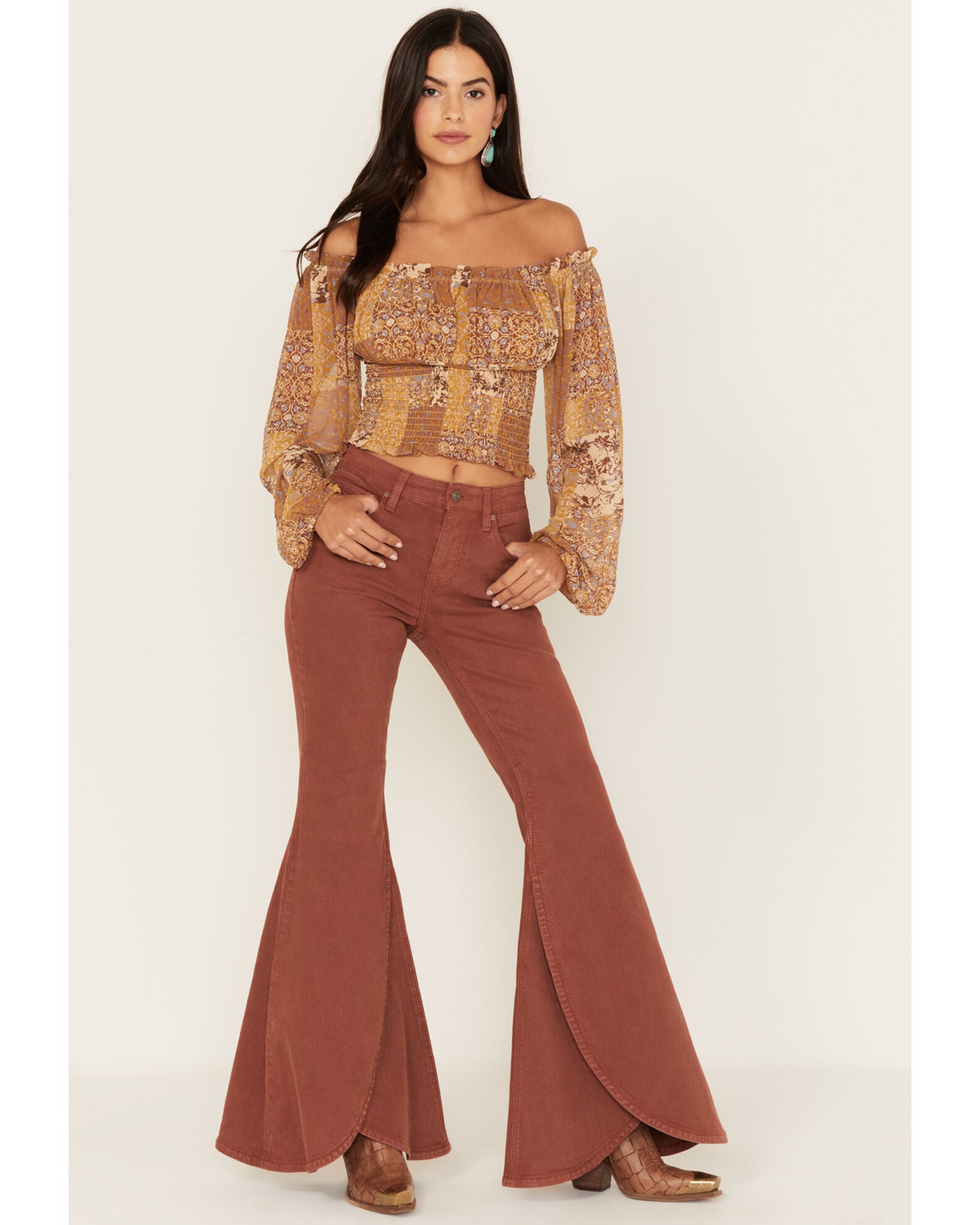 Shyanne Women's High Rise Tulip Hem Super Flare Jeans, Chestnut