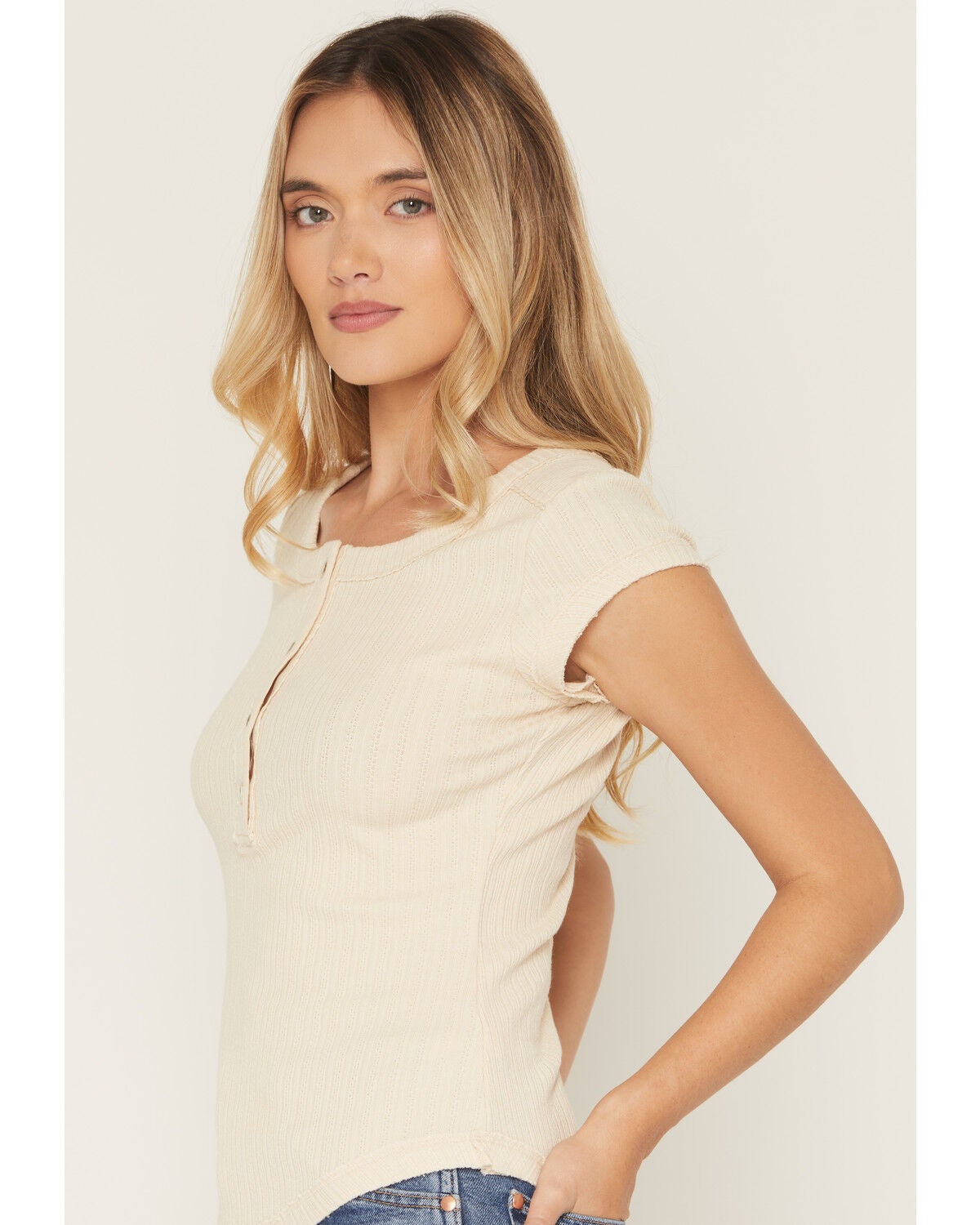 Image #2 - Shyanne Women's Solid Short Sleeve 1/4 Button-Down Shirt, Oatmeal, hi-res