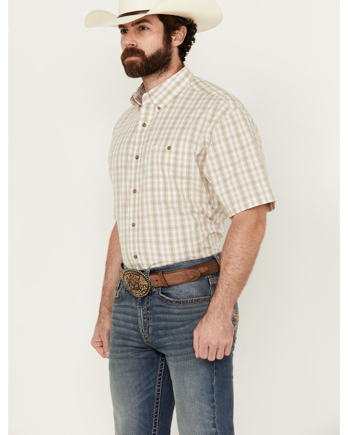 Image #2 - George Strait by Wrangler Men's Plaid Print Short Sleeve Button-Down Stretch Western Shirt, Sage, hi-res