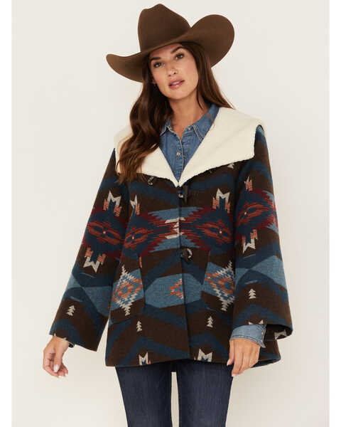Powder River Outfitters Women's Southwestern Print Sherpa-Lined Jacquard Coat, Teal, hi-res