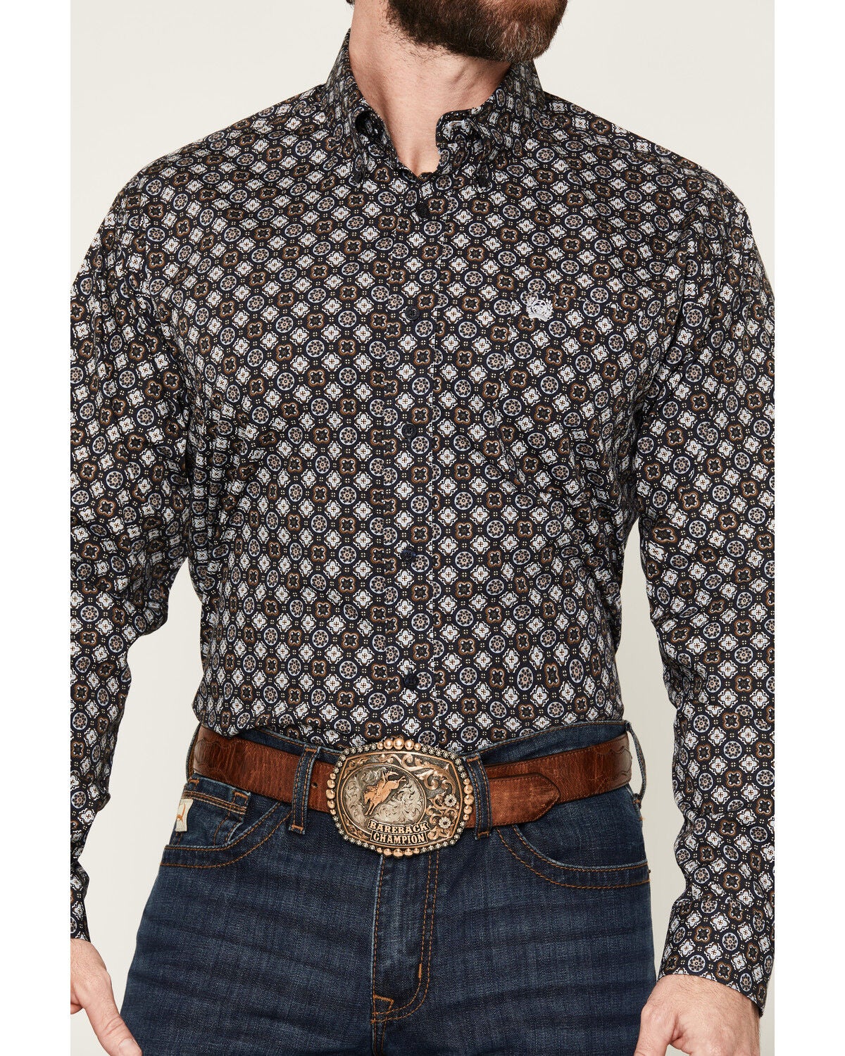 Image #3 - Cinch Men's Geo Print Long Sleeve Button-Down Western Shirt, Navy, hi-res