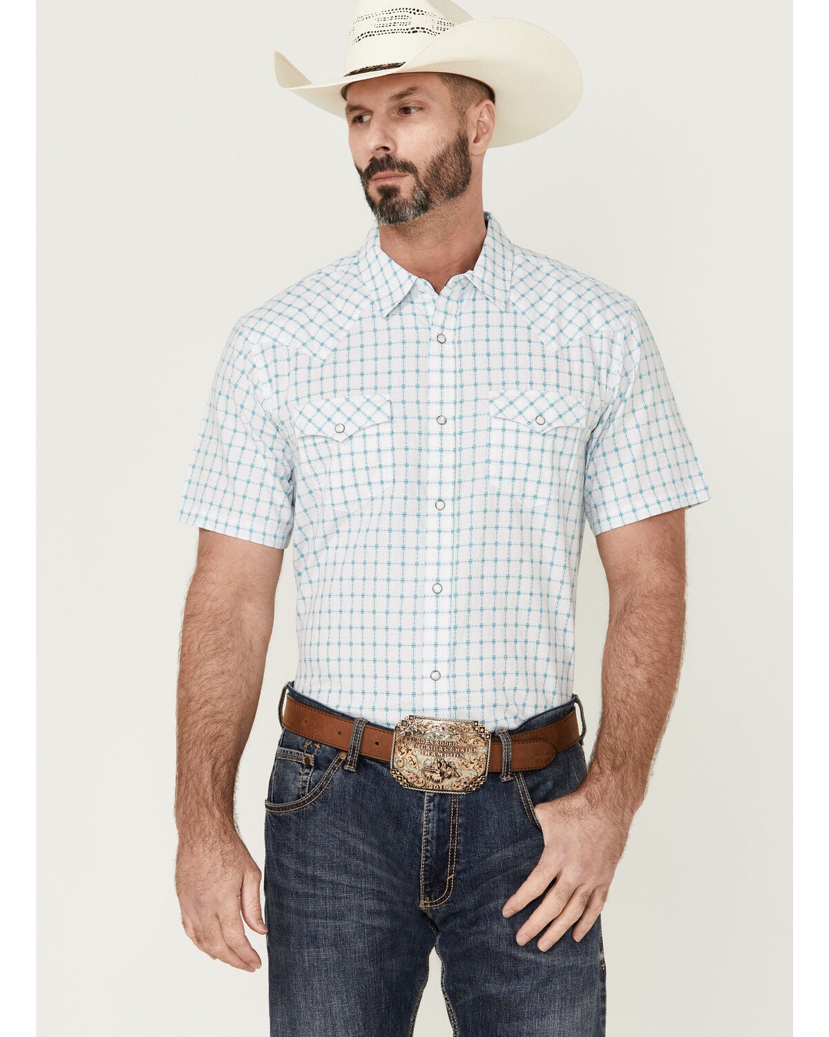 Moonshine Spirit&reg; Men's River Delta Small Plaid Short Sleeve Pearl Snap Western Shirt, Cream, hi-res