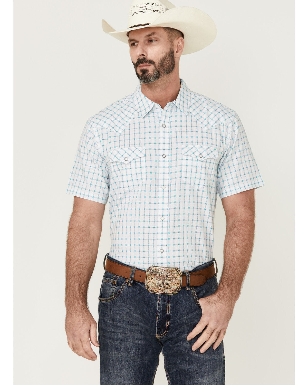 Image #1 - Moonshine Spirit Men's River Delta Small Plaid Short Sleeve Pearl Snap Western Shirt, Cream, hi-res