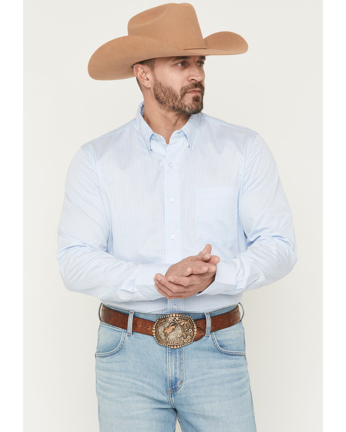 Wrangler X Cody Johnson Men's Checkered Print Long Sleeve Button-Down Western Shirt, Blue, hi-res