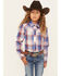 Image #1 - Ely Walker Girls' Plaid Print Long Sleeve Pearl Snap Western Shirt , Burgundy, hi-res