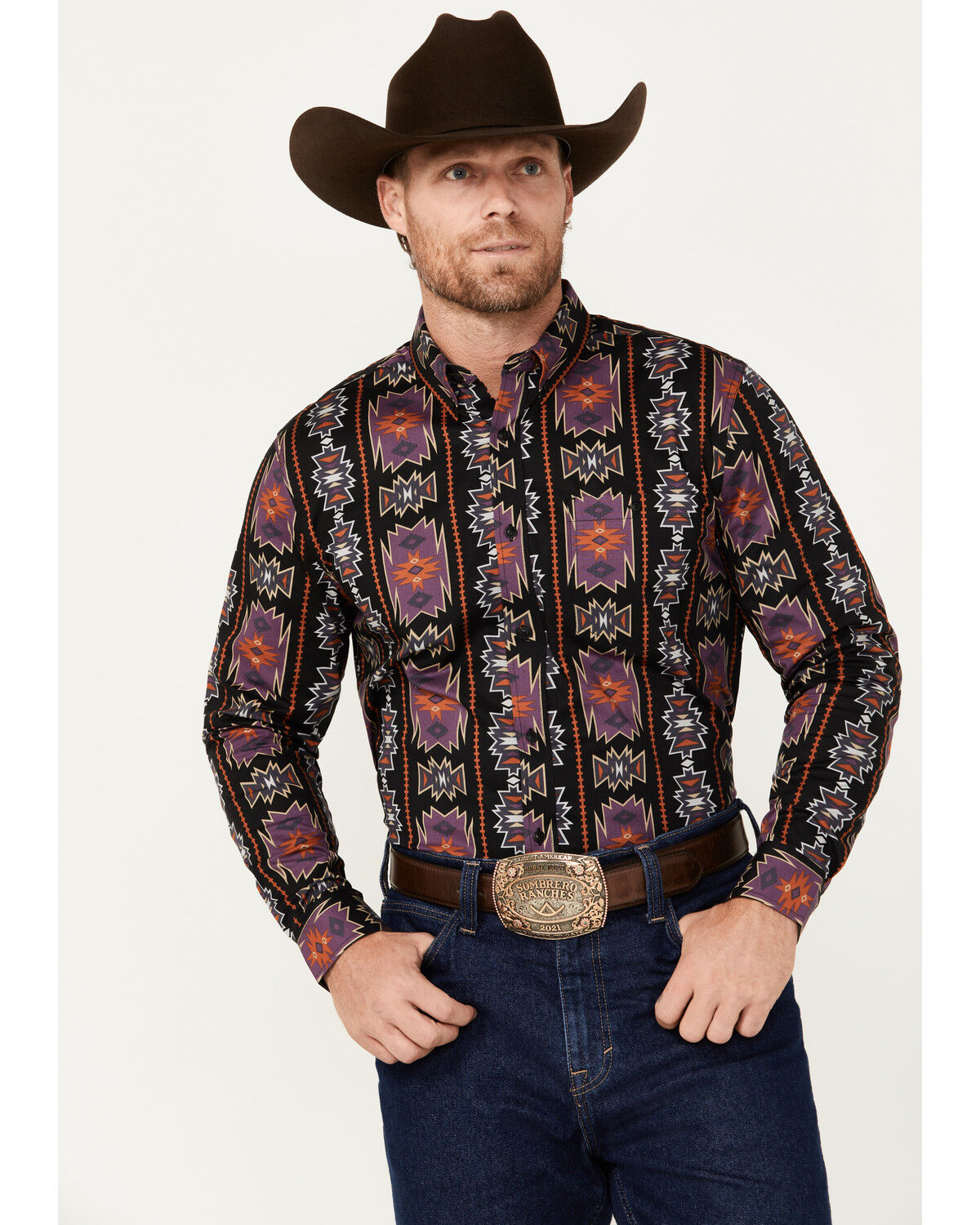 Image #1 - RANK 45® Men's Great Fall Southwestern Print Long Sleeve Button-Down Western Shirt, Black, hi-res