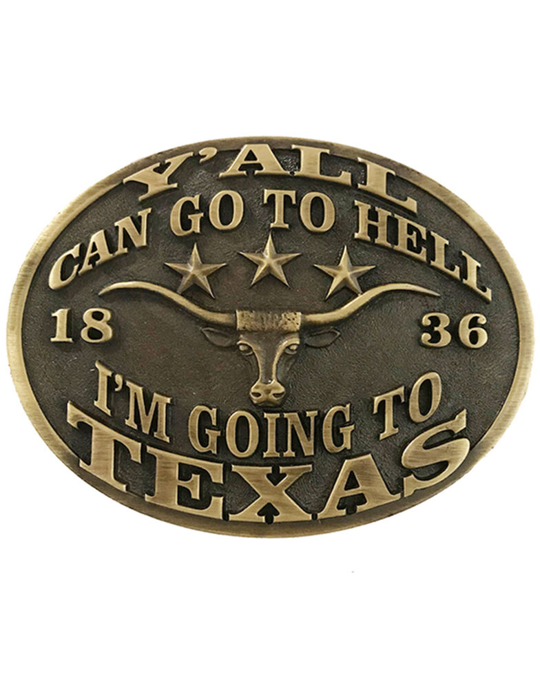 AndWest "Y'all Can Go To Hell, I'm Going To Texas" Buckle, Bronze, hi-res