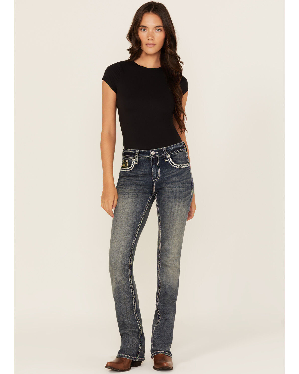 Image #3 - Grace In LA Women's Medium Wash Camo Fleur De Lis Embroidered Mid Rise Bootcut Stretch Denim Jeans, Medium Wash, hi-res