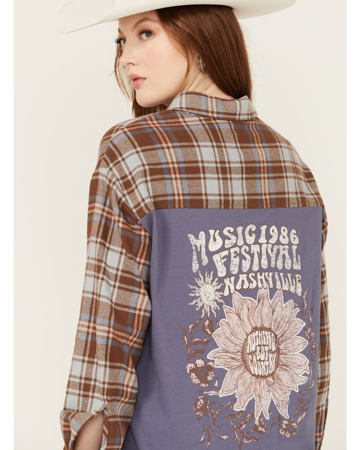 Image #1 - Cleo + Wolf Women's Mixed Media Plaid Print Button-Down Graphic Flannel Shirt, Indigo, hi-res