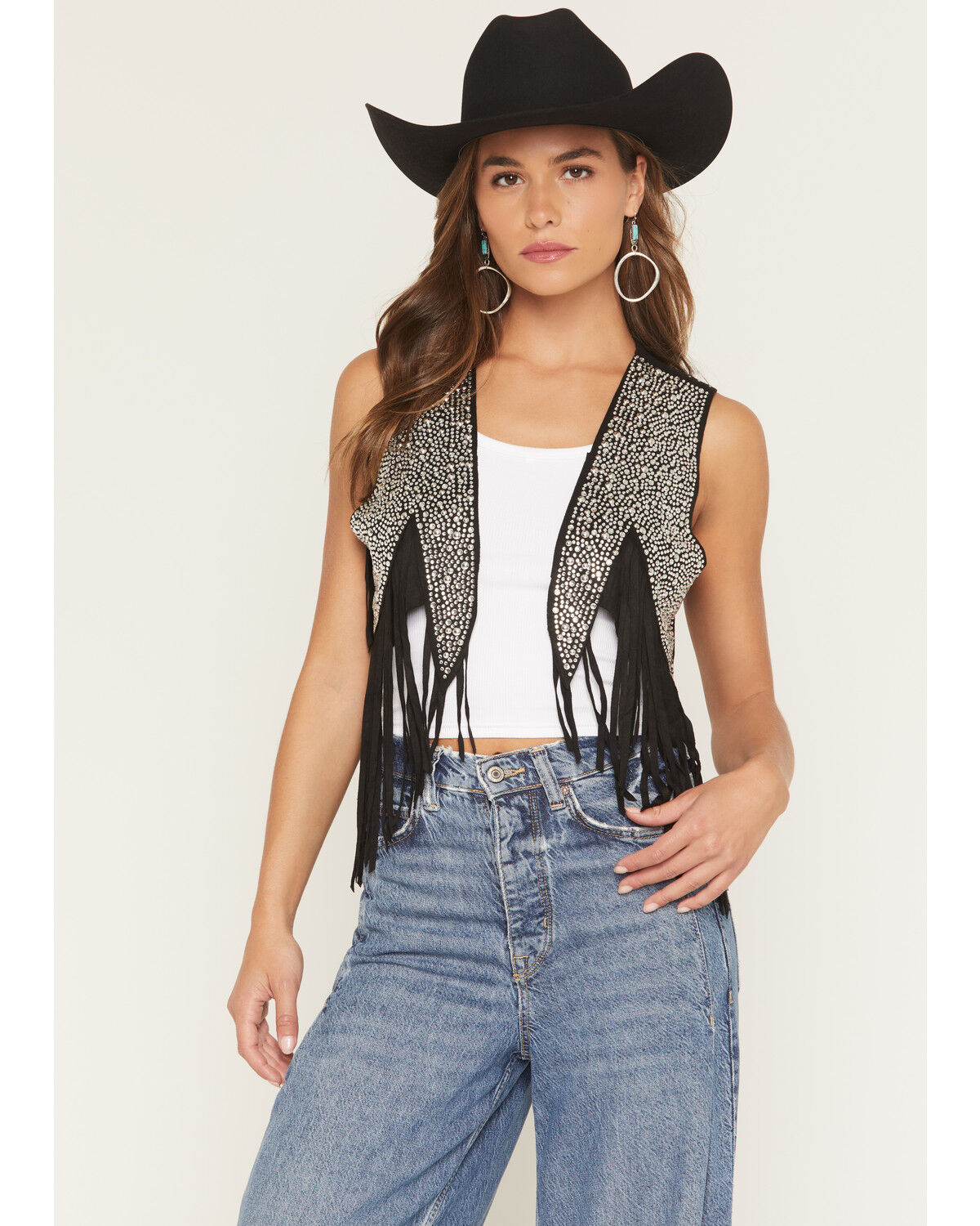 Image #1 - Vocal Women's Crystal Fringe Faux Suede Vest, Black, hi-res