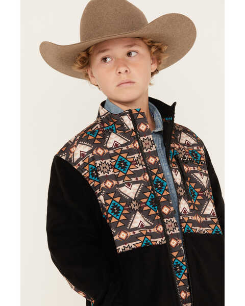 Hooey Boys' Southwestern Print Color Block Zip Softshell Jacket, Charcoal, hi-res