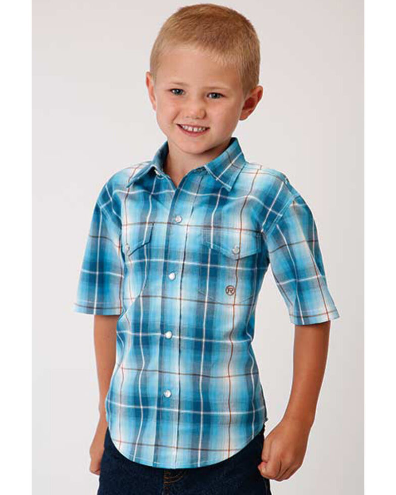  Amarillo Boys' Plaid Short Sleeve Western Shirt , Turquoise, hi-res