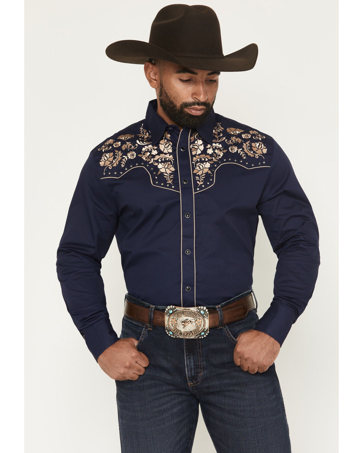 Rodeo Clothing Men's Embroidered Embellished Long Sleeve Snap Western Shirt, Navy, hi-res