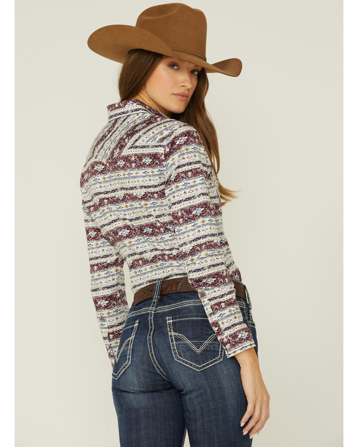 Image #3 - Panhandle Women's Southwestern Print Long Sleeve Button Down Shirt, Wine, hi-res