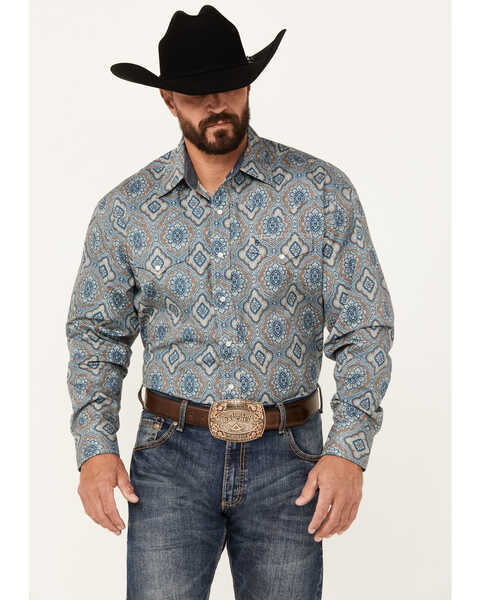 Image #1 - Stetson Men's Mosaic Print Long Sleeve Pearl Snap Western Shirt, Blue, hi-res