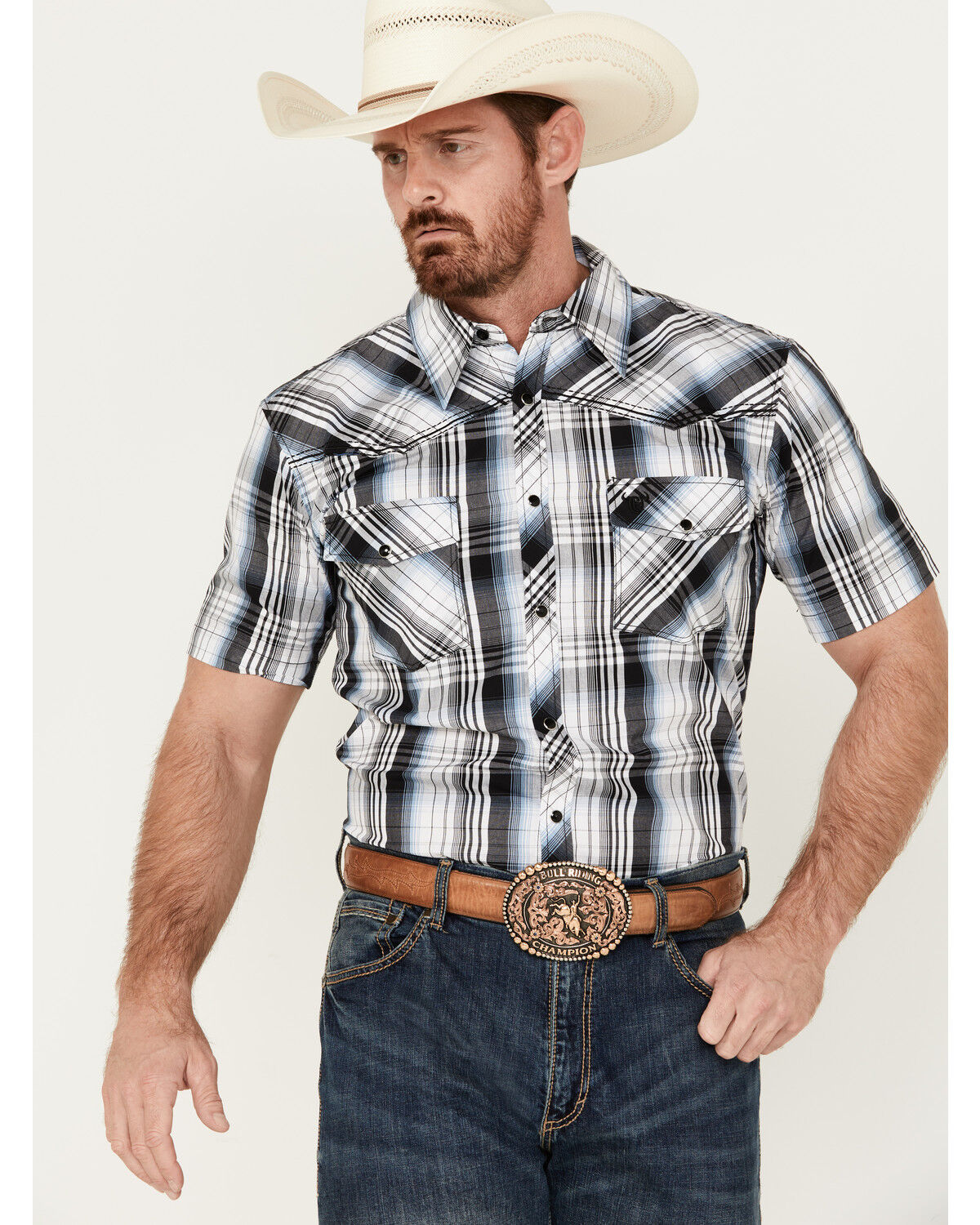 Image #1 - Cowboy Hardware Men's Hermosillo Gradient Plaid Print Short Sleeve Pearl Snap Western Shirt, Black, hi-res